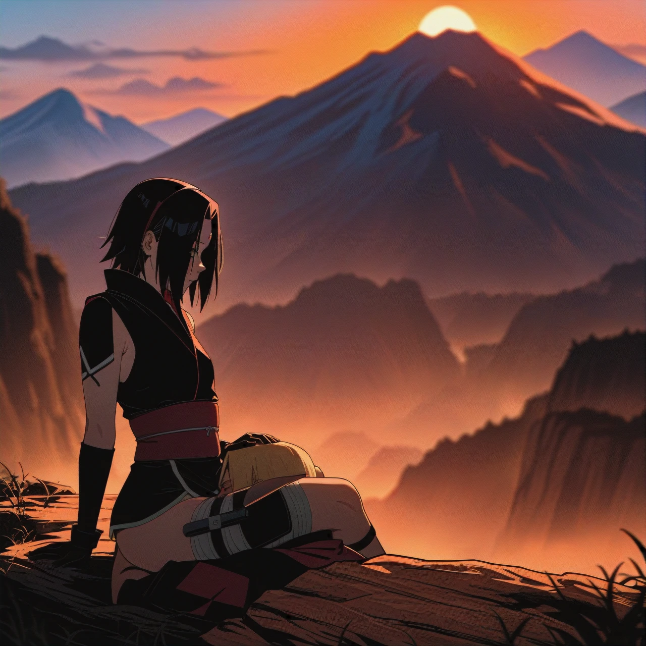 1girl, sakura haruno from naruto, flat chest, ninja villiage, in mountain, 1man saske uchiha, liking (cunnilingus), teen, pose 69