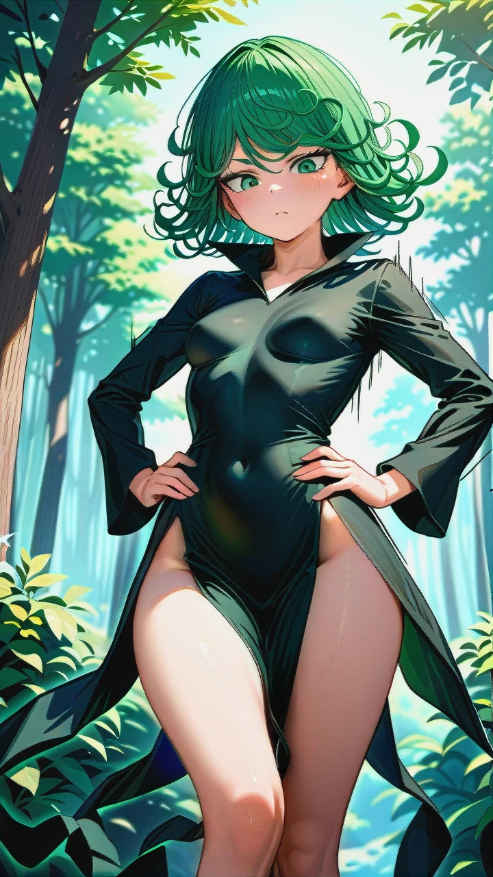 1girl, @tatsumaki, (perfect face), (beautiful green eyes), (very skinny), in black dress with long sleeve, in black heels, floating in the air, background is forest, (front view), (full_body), motion lines, day, hands on waist, looking down