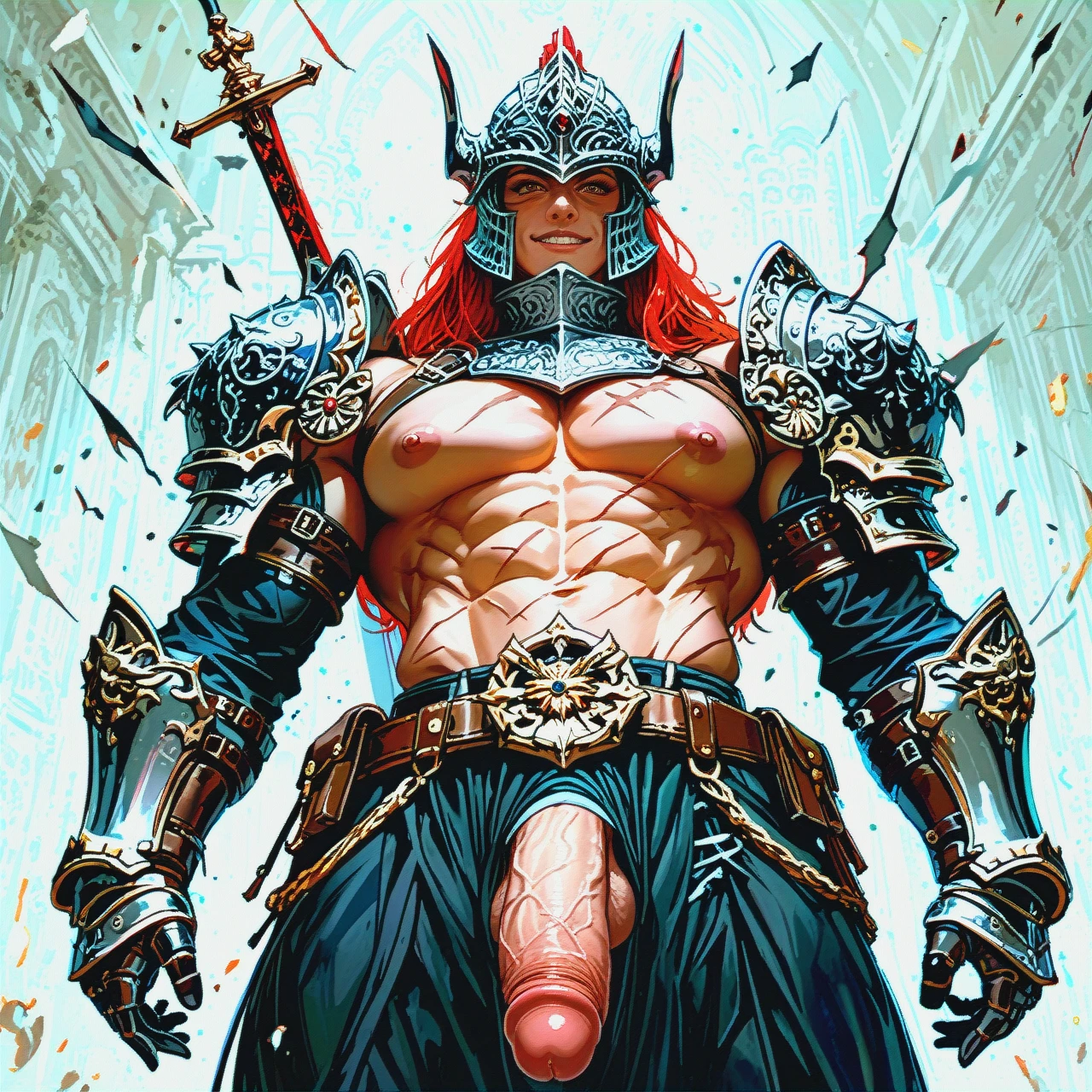 muscular body, scars over body, extremely long hair, malicious smile, extremely enormous tits, exposed nipples, exposed cock, erect cock, taker pov, armor shoulders, armor belt, armor gauntlets, helmet, sword holster