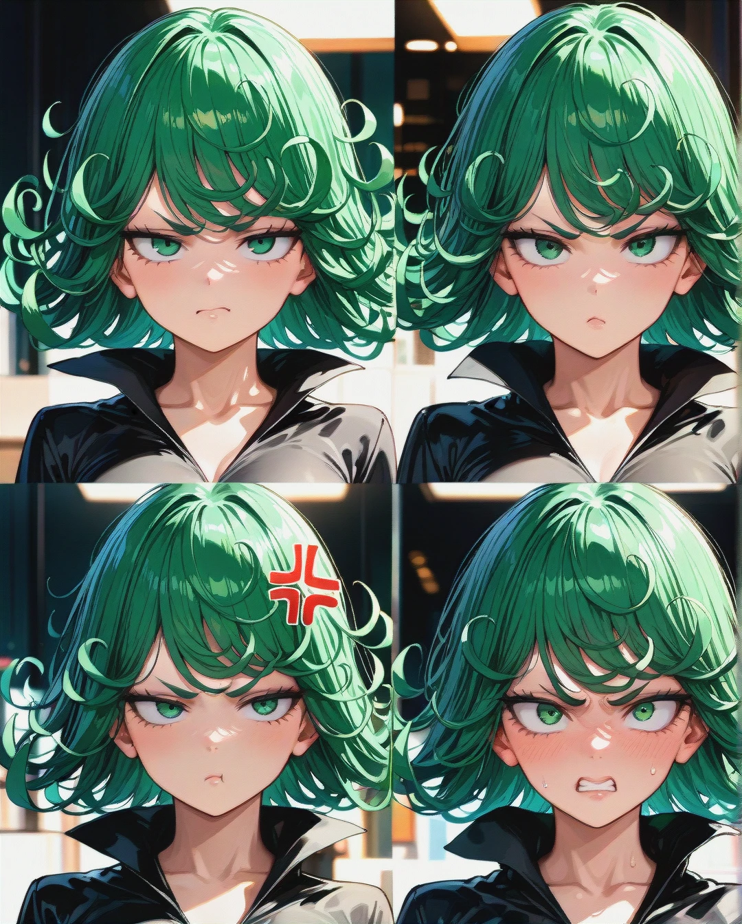 1girl, solo, , , , character tatsumaki, perfect face, (beautiful green eyes), (anger_vein), (annoyed), in black dress, (multiple_views), multiple art