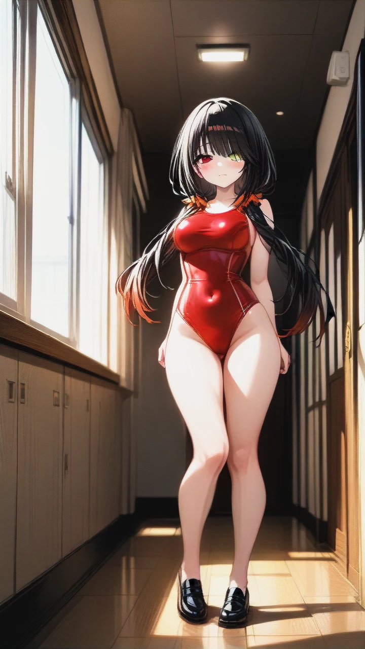 @tokisaki_kurumi, stands, full body, best quality, high quality, high detail, best lighting,  school red swimsuit,