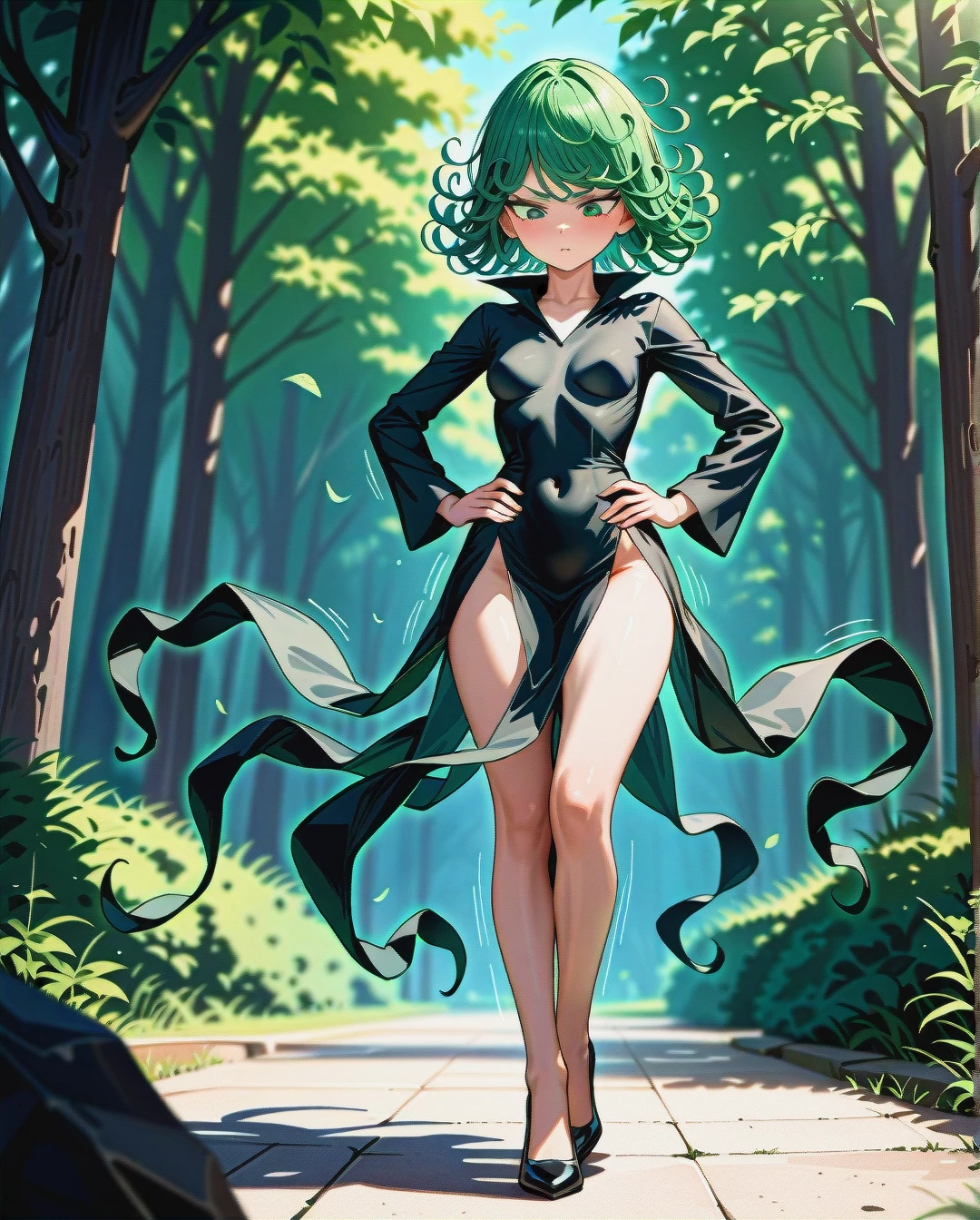 1girl, @tatsumaki, (perfect face), (beautiful green eyes), (very skinny), in black dress with long sleeve, in black heels, floating in the air, background is forest, (front view), (full_body), motion lines, day, hands on waist, looking down