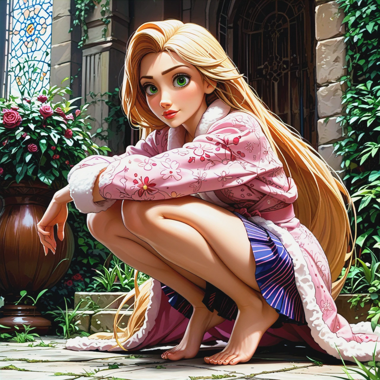 @rapunzel (feet) (squatting) bathrobe upskirt