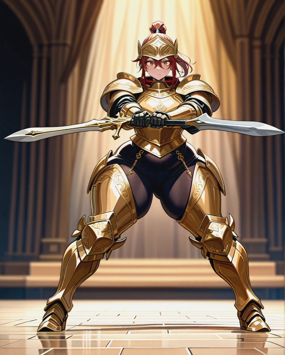 1girl, solo, in a stance with a sword, horny, (gigantic ass, massive hips, thick legs, thick thighs, bottomheavy woman), (Brown with gold trim, full body armor, armored legs), HXARMOUR, <lora:bottomheavy_v1_sdxl_tags:.5>, <lora:HXarmour_010XL:.5>, <lora:brave-perspective:.5>