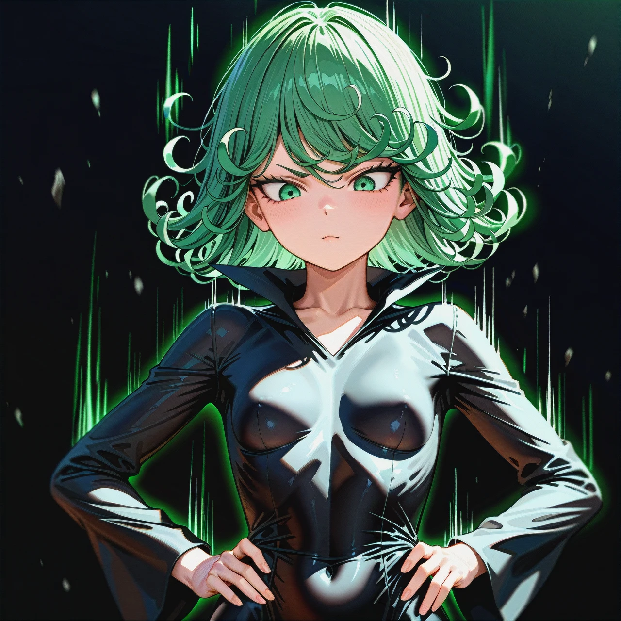 1girl, @tatsumaki, (perfect face: 1,2), (beautiful green eyes), (very skinny: 1,1), in black dress with long sleeve, floating in the air, (front view),(upper_body), motion lines, hands on waist, looking down