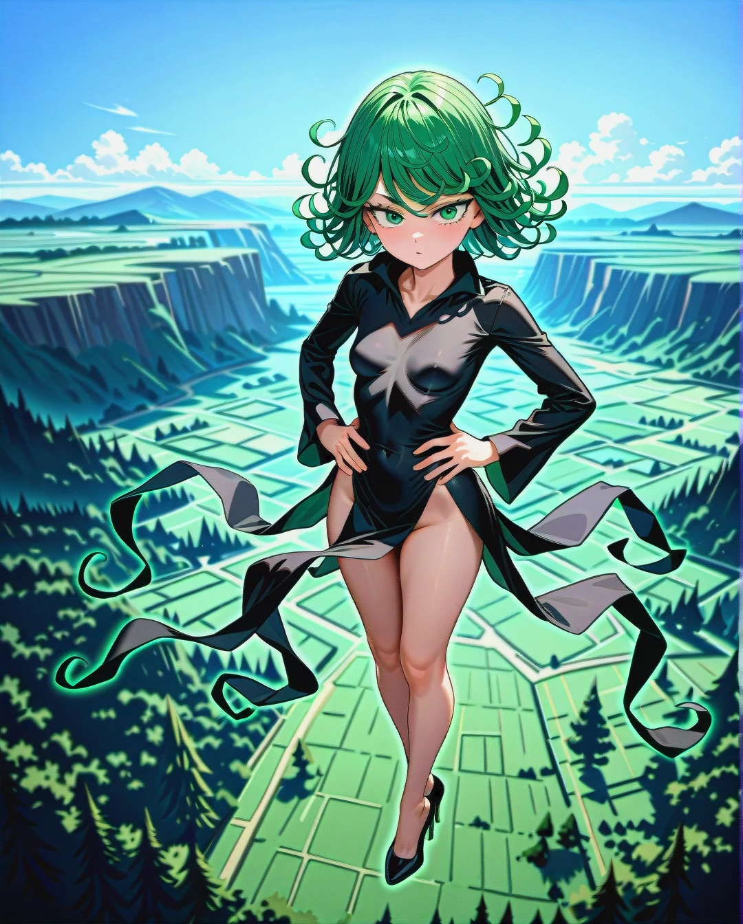 1girl, @tatsumaki, (perfect face), (beautiful green eyes), (very skinny), in black dress with long sleeve, in black heels, (floating in the air), landscape is forest, side view, (full_body), day, hands on waist, looking down