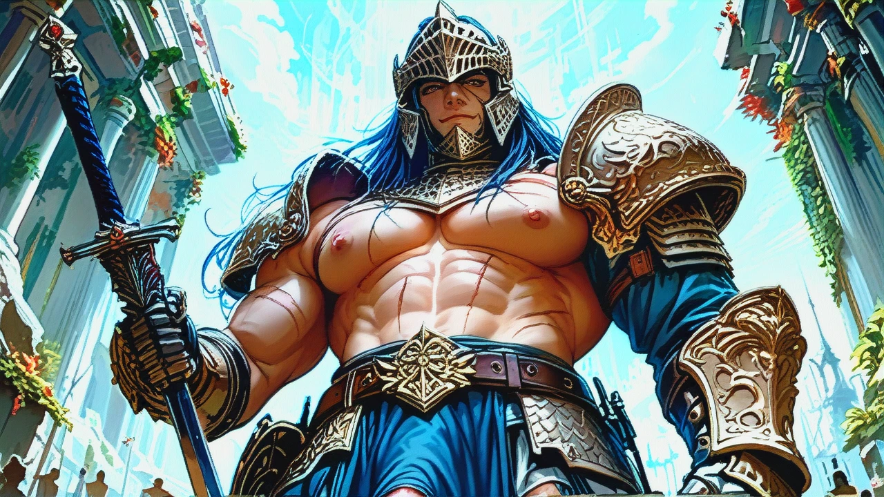 muscular body, scars over body, extremely long hair, malicious smile, extremely enormous tits, exposed nipples, exposed cock, erect cock, taker pov, armor shoulders, armor belt, armor gauntlets, helmet, sword holster