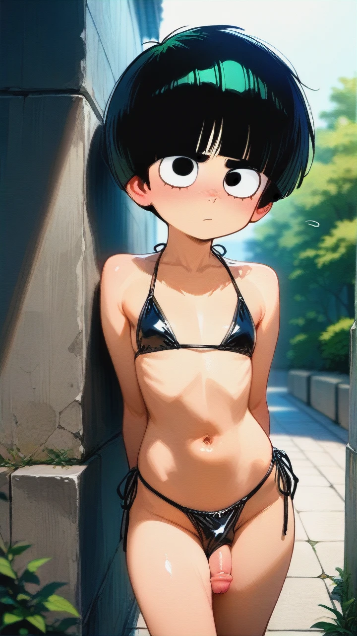 @rock_lee, gender boy, standing, facing the viewer, normal body, male body, bikini on a man's body, black eyes, penis in bikini panties, black bikini,