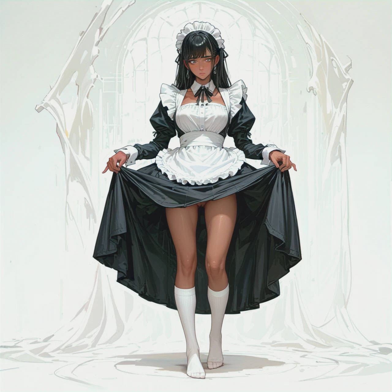 Girl , dark skin , black maid outfit , knee-length white socks, shy, looks down, no shoes, lifts skirt, no underwear, no shirt, black hair, white background, broad shoulders, long legs, stands, legs spread wide