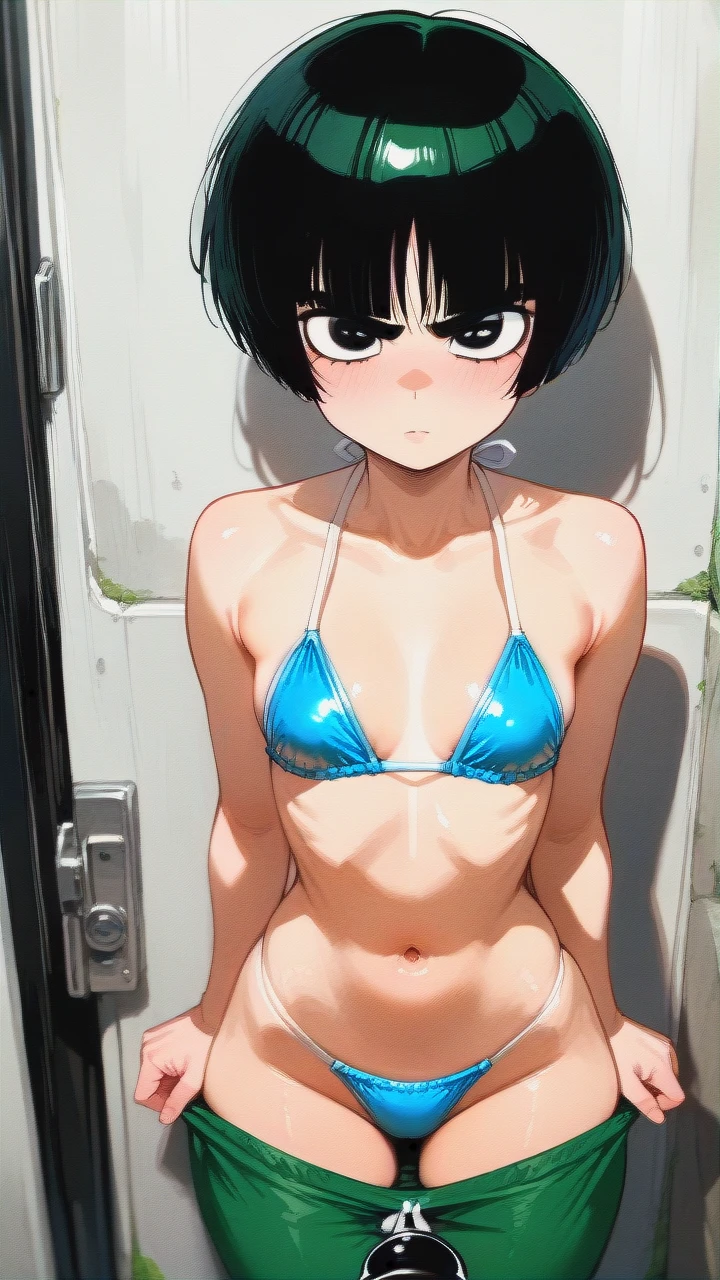 @rock_lee, gender boy, standing, facing the viewer, normal body, male body, bikini on a man's body, black eyes, penis hidden in bikini bottoms,