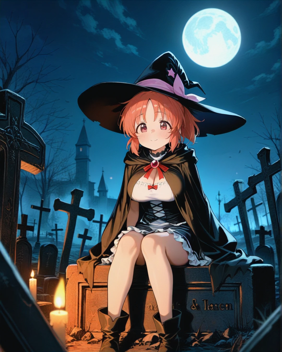 @abe_nana, Witch hat and black dress and cloak, sit on gravestone , cleavage, legs , on an abandoned cemetery, candles, full ,moon, wide angle shot