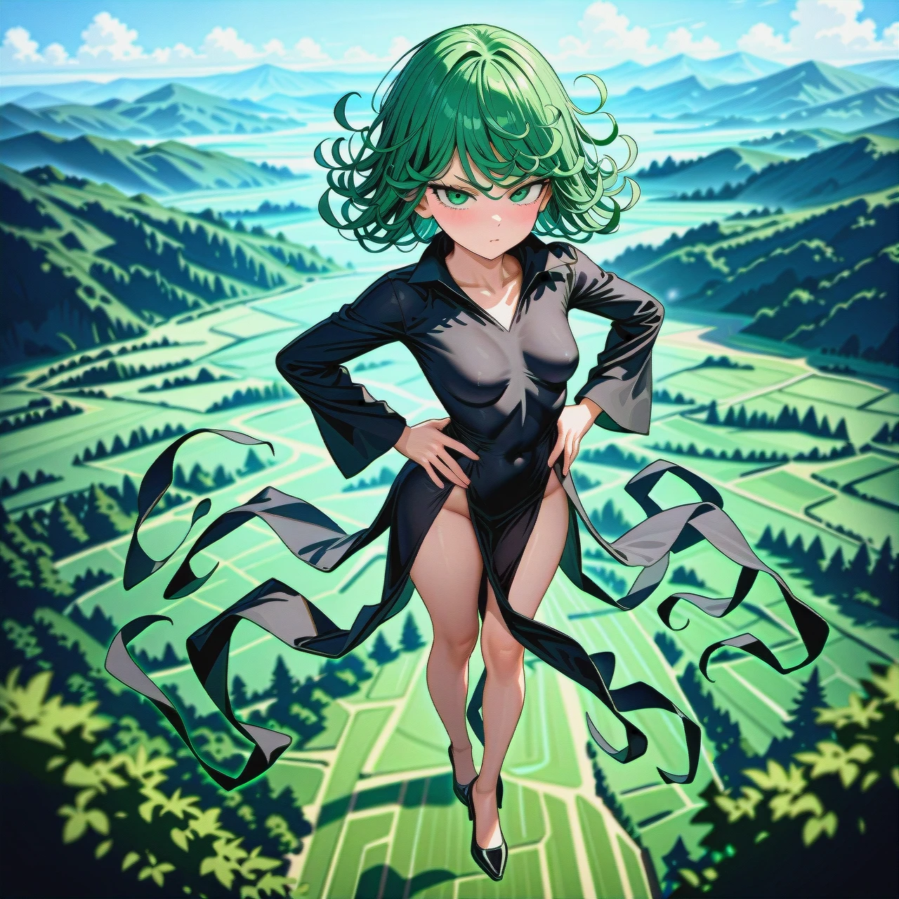 1girl, @tatsumaki, (perfect face), (beautiful green eyes), (very skinny), in black dress with long sleeve, in black heels, floating in the air, landscape is forest, side view, (full_body), day, hands on waist