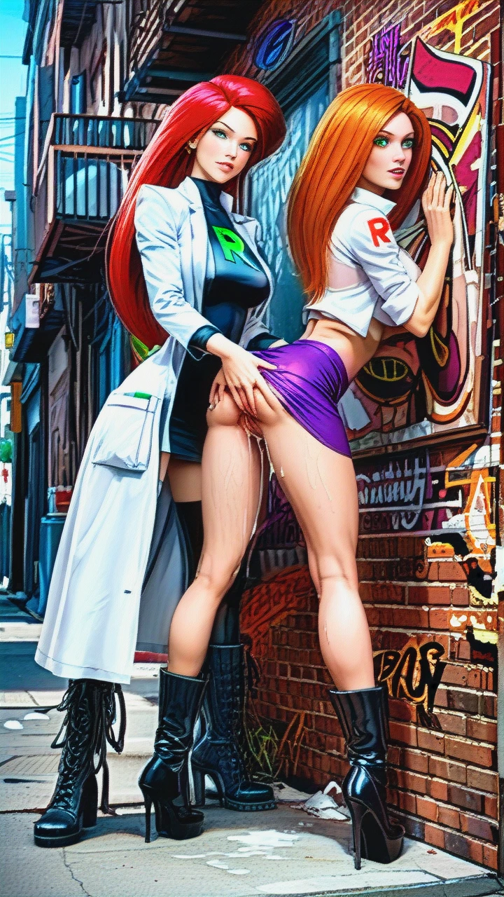 @jessie @kim_possible @ann_possible, super realistic, eye contact, costume, (anal), white wet see through top, team rocket, creampie, lifting legs fucked with back against wall legs over shoulder, grope tits, garter belt, fishnet, spread ass, sideways view, dark alleyway, skirt, upskirt, boots, spread pussy