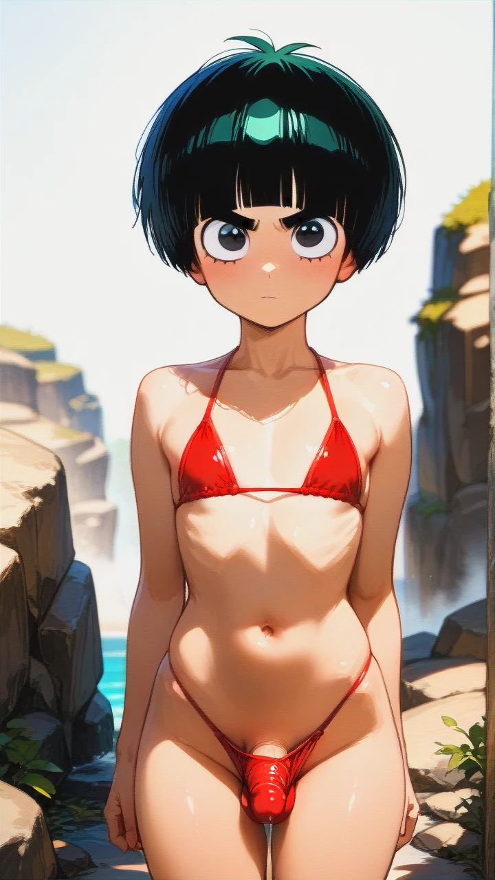 @rock_lee, gender boy, standing, facing the viewer, normal body, male body, bikini on a man's body, black eyes, penis hidden in bikini bottoms,