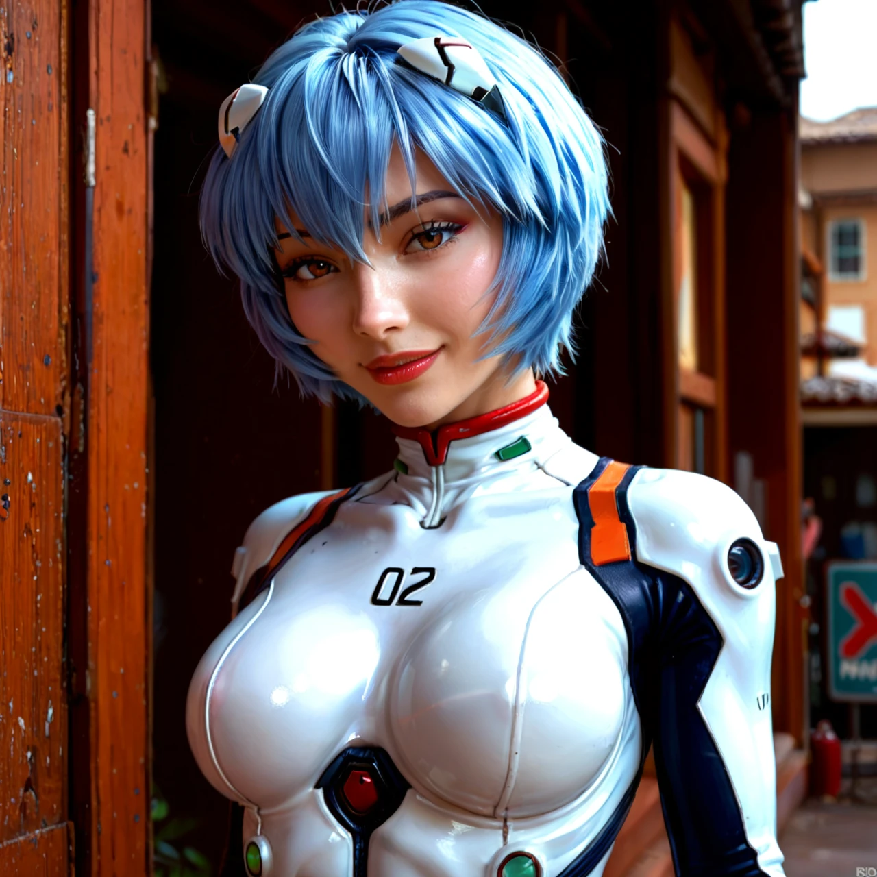 1girl,ayanami rei, \(neon genesis evangelion\),twisted waist, breast, ass, half closed eyes smile, blue hair, (white plugsuit bodysuit),