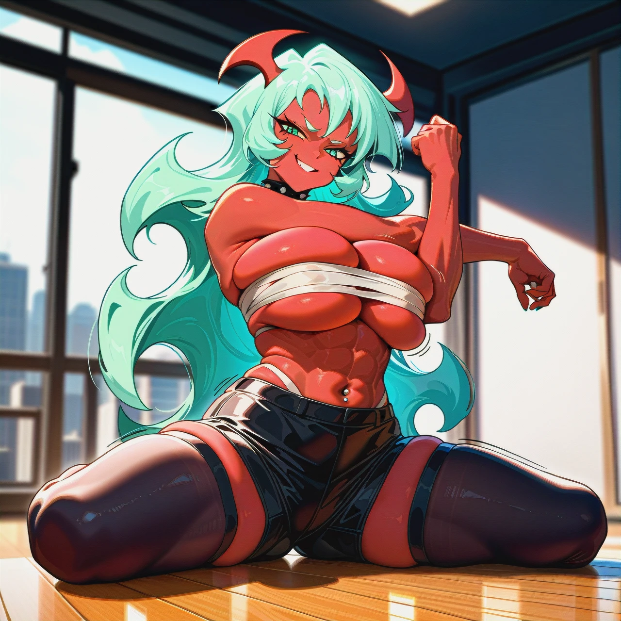 (full_body), @scanty, (budget_sarashi), navel_piercing, (stretching), sitting on the splits, (smirk), abs, (bursting_breasts), (huge_breasts), huge_hips, fluffy crotch hair