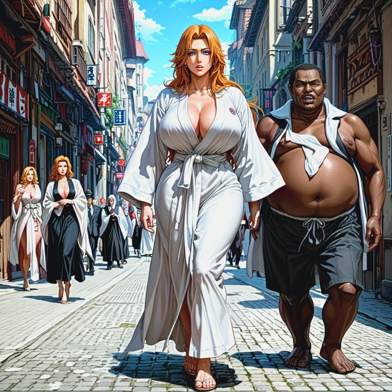 @matsumoto_rangiku , (huge_breasts)  , big ass , ugly face, dark skinned male  ,ugly fat man,  bathrobe , (walking), (princess_carry) big penis, darkness , bedroom