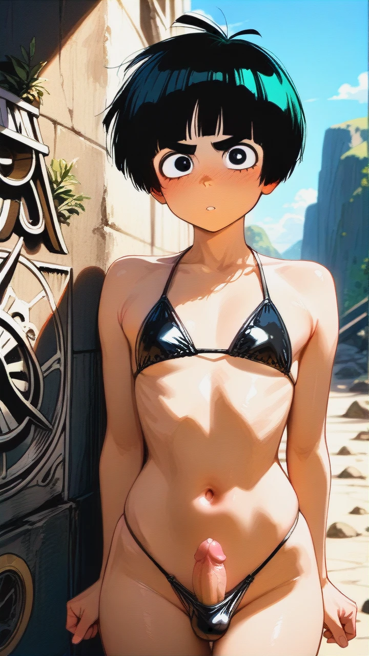 @rock_lee, gender boy, standing, facing the viewer, normal body, male body, bikini on a man's body, black eyes, penis in bikini panties, black bikini,