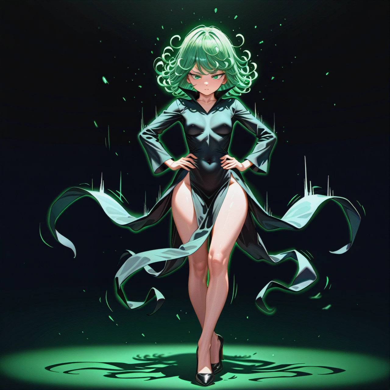 1girl, @tatsumaki, (perfect face: 1,2), (beautiful green eyes), (very skinny: 1,1), in black dress with long sleeve, in black heels, floating in the air, (front view), (full_body), motion lines, hands on waist, looking down