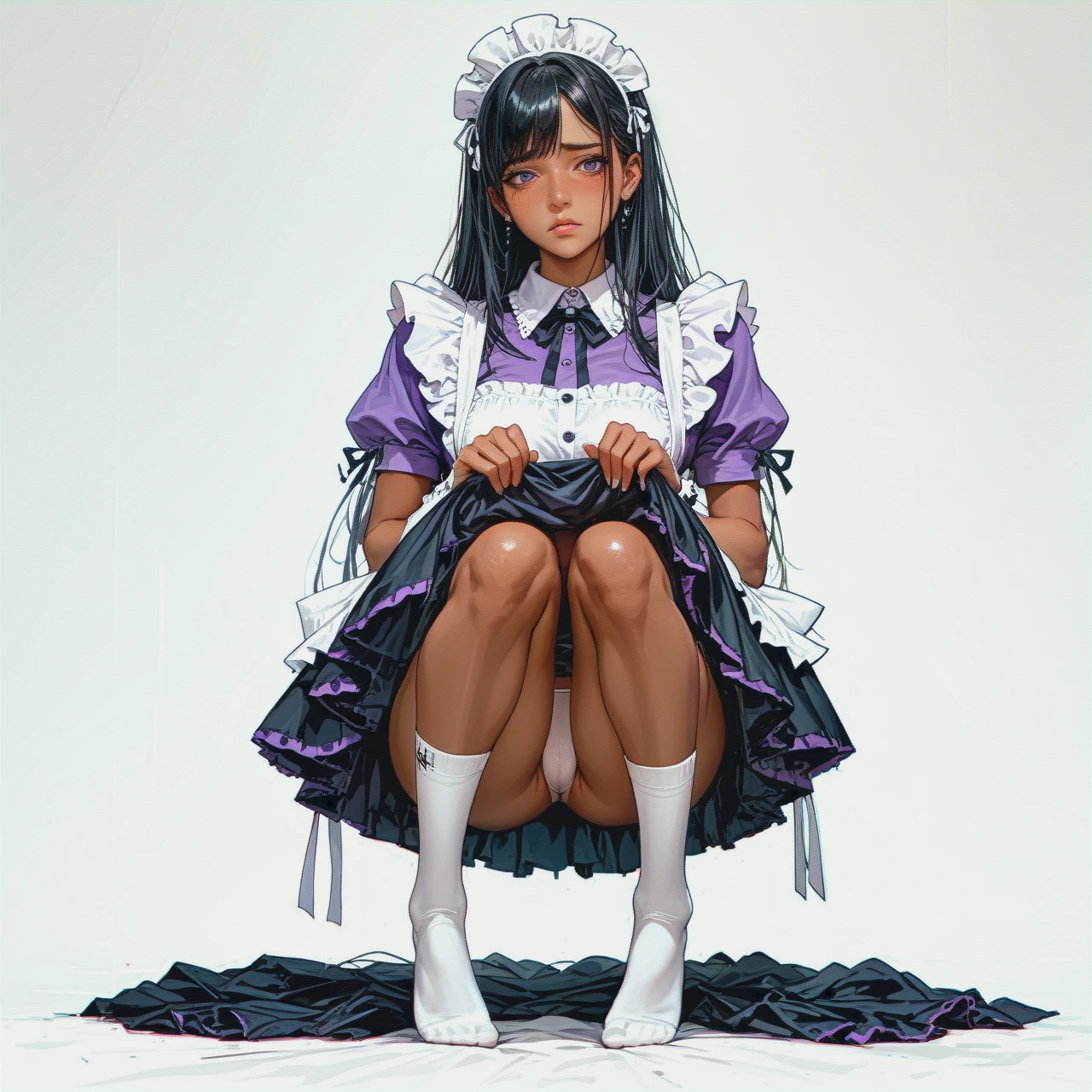 Girl , dark skin , maid outfit , knee-length white socks, shy, looks down, no shoes, lifts skirt, visible thong, purple shirt, black hair, white background, broad shoulders, long legs