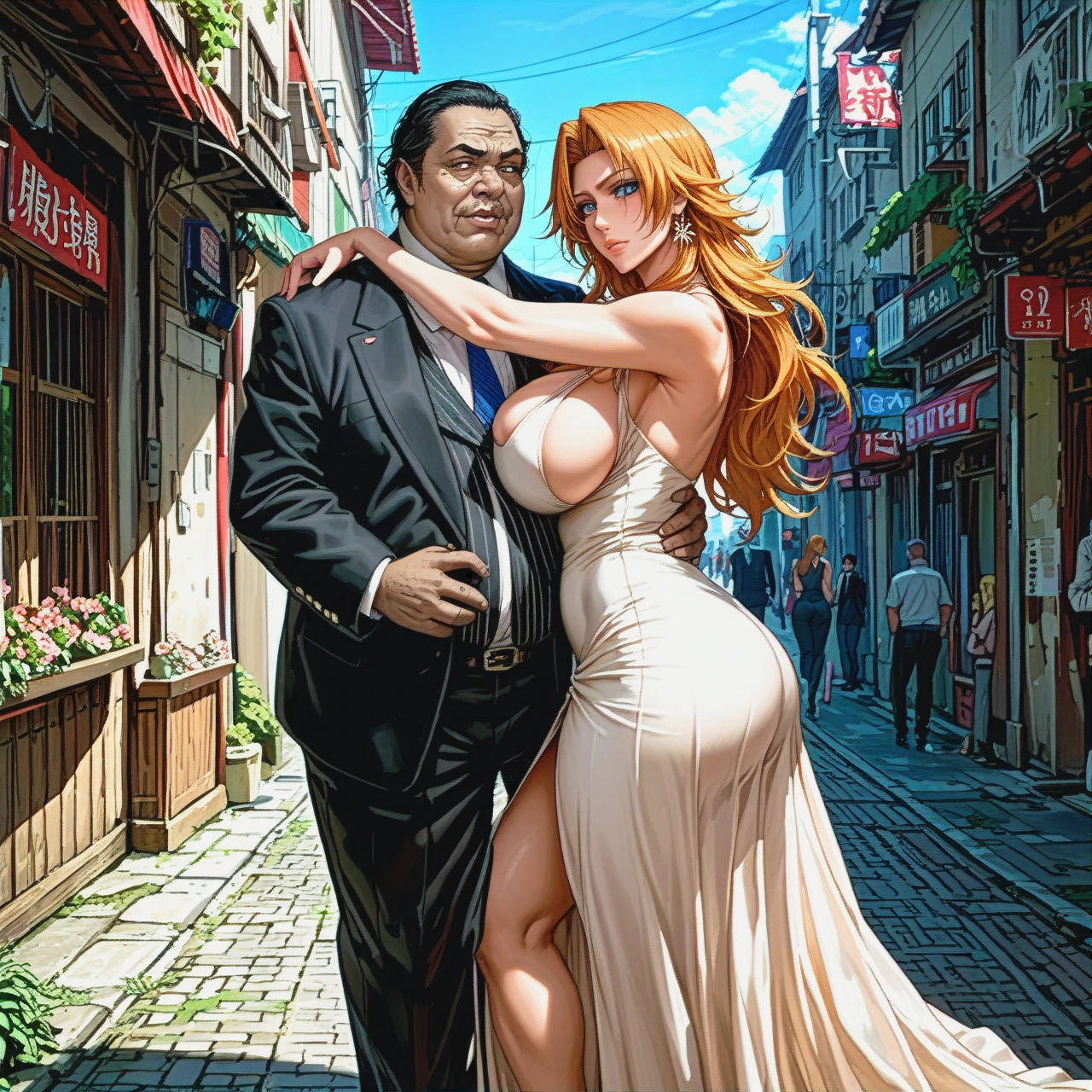 @matsumoto_rangiku , (huge_breasts), huge ass, ugly face man, ugly fat man, big penis, dark skinned man , (walking),, hot dress , (arm_hug)