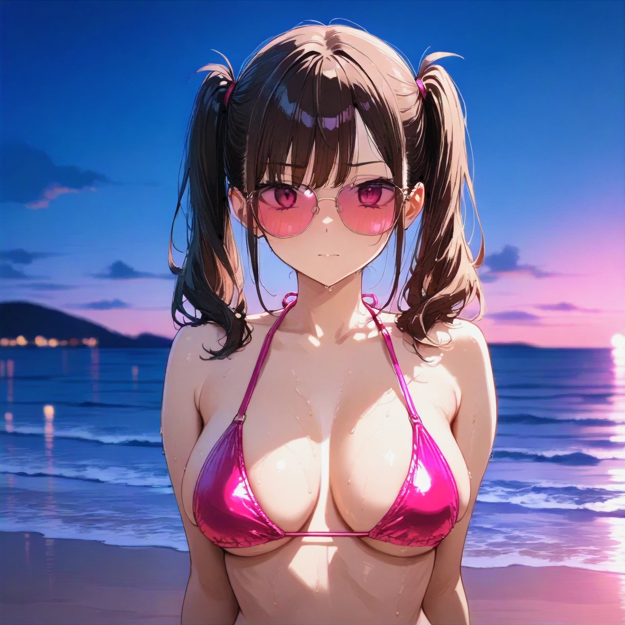 Brunette,twintails, bikini, beach,pink sunglasses,cocktail (medium_breasts) night,