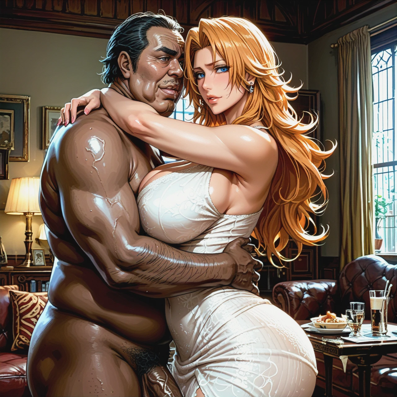 @matsumoto_rangiku , (huge_breasts), huge ass, ugly face man, ugly fat man, big penis, dark skinned man , living room ,, hot dress , (arm_hug)