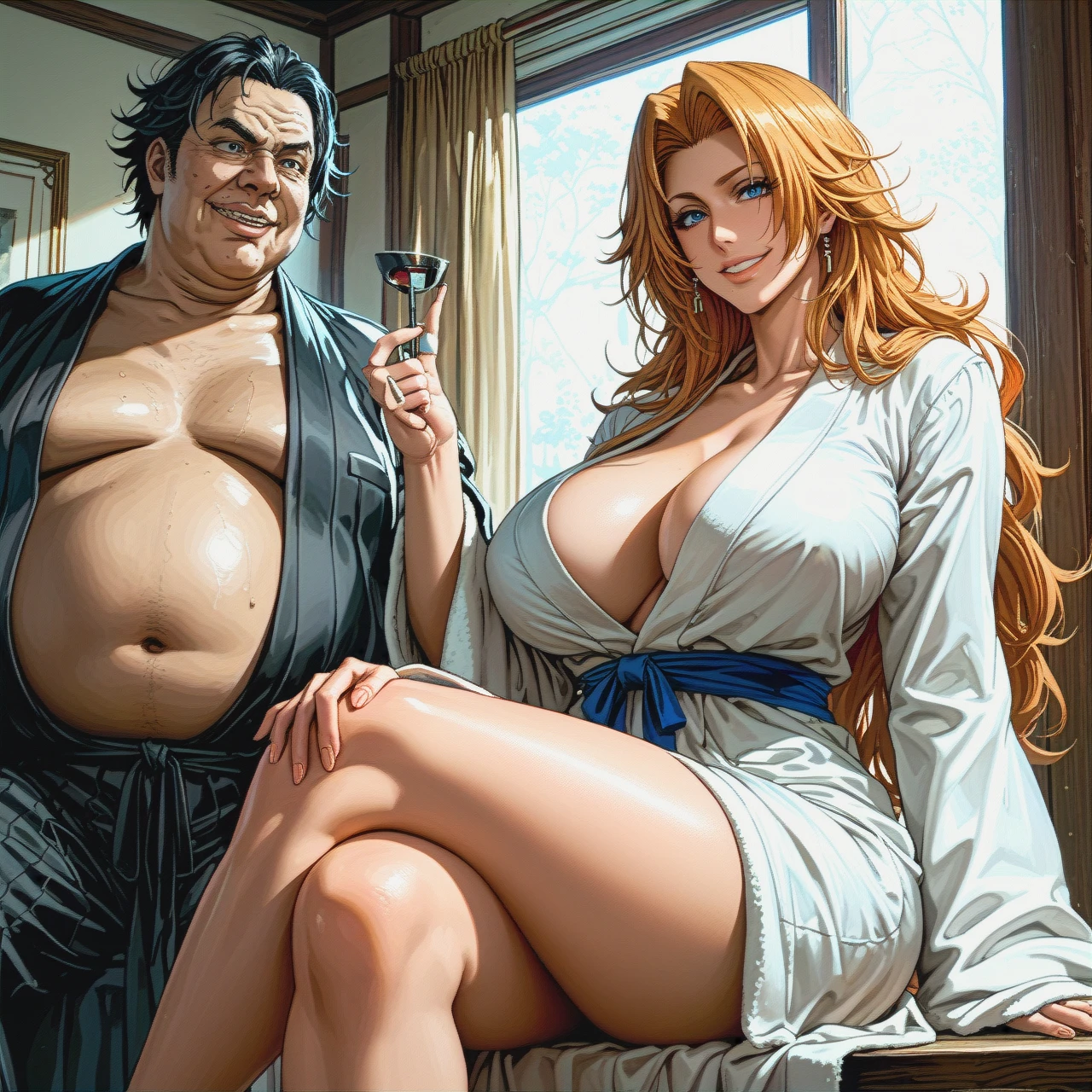 @matsumoto_rangiku , (huge_breasts)  , perfect body, big ass ,(light_smile) , (crossed_legs) , ugly face man, dark skinned man, old fat man , bathrobe