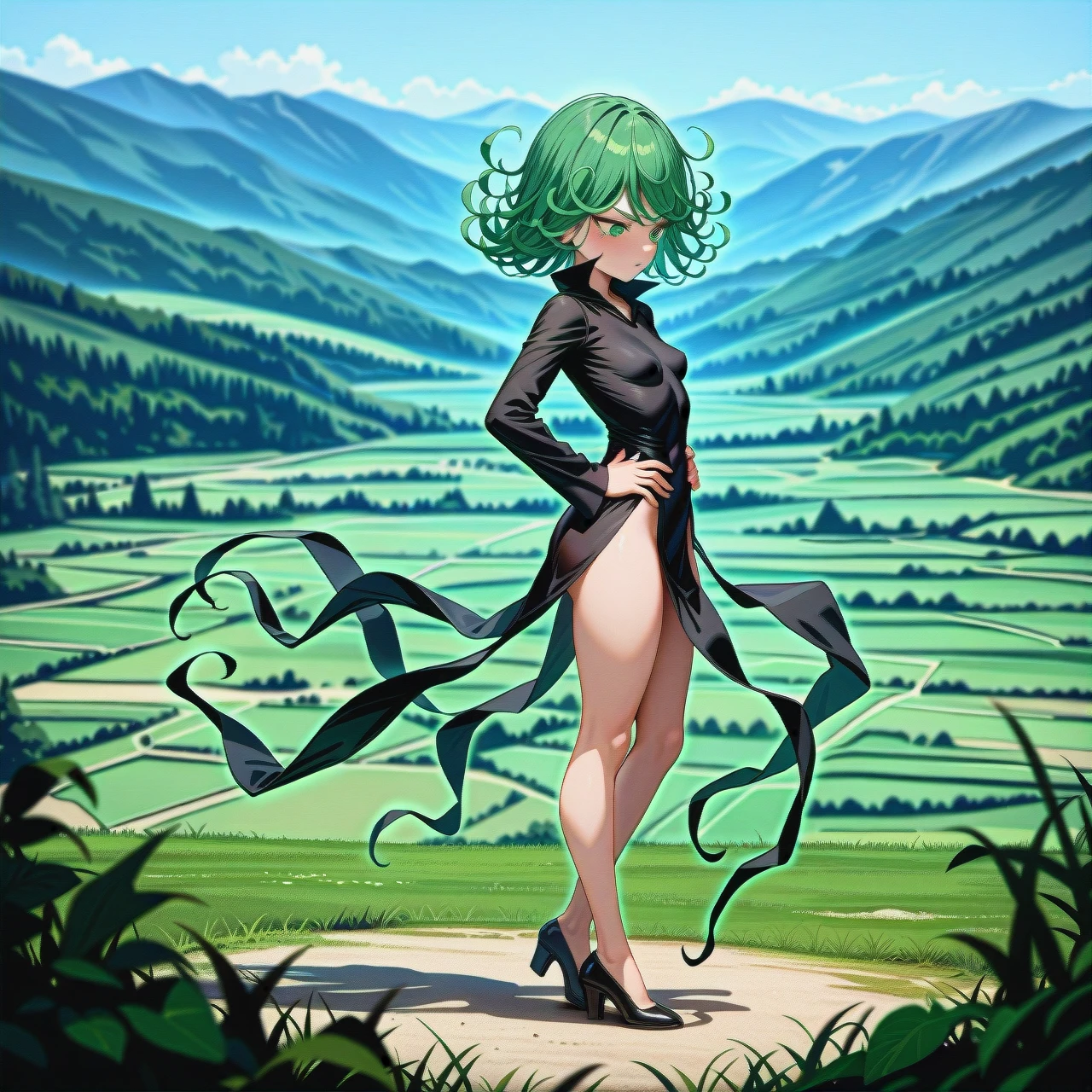 1girl, @tatsumaki, (perfect face), (beautiful green eyes), (very skinny), in black dress with long sleeve, in black heels, (floating in the air), landscape is forest, side view, (full_body), day, hands on waist, looking down