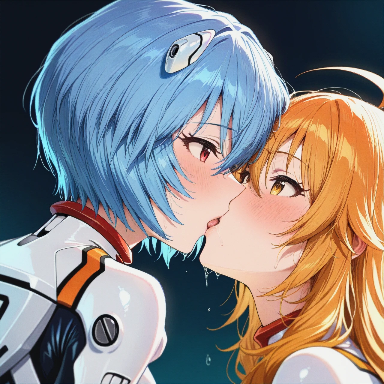 2 girls kiss, hoshii_miki (idolmaster) ,sui \(isekai ojisan\) ,  (ayanami rei, white plugsuit bodysuit), detailed suit,eye contact, detailed face,