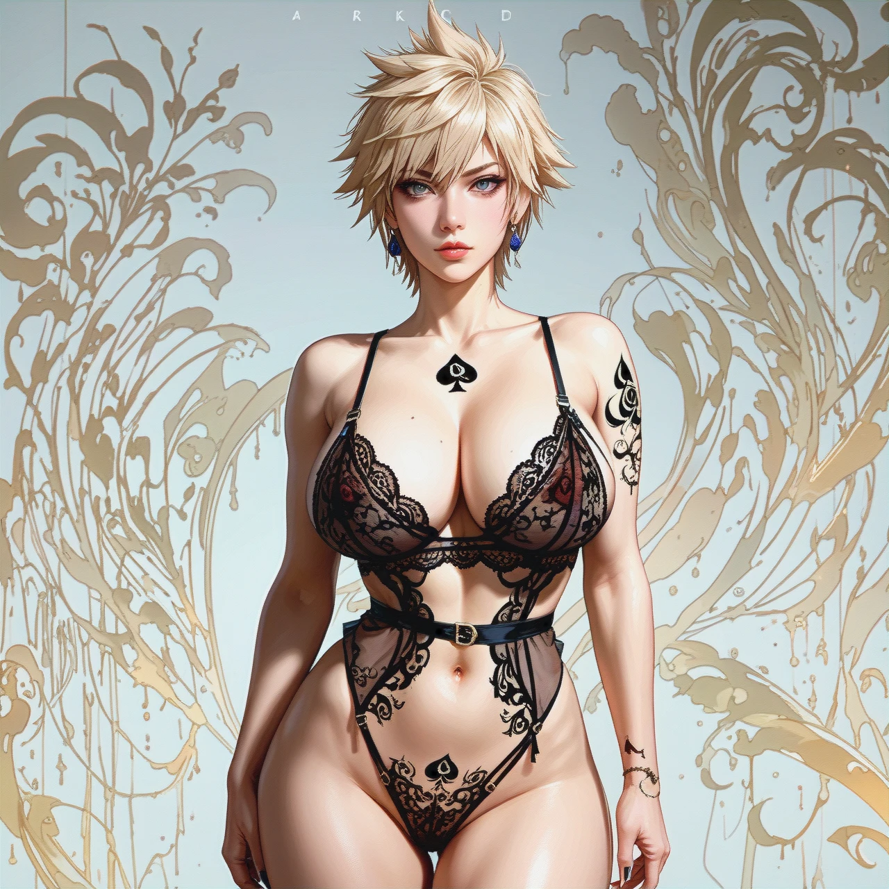 Bakuhou mitsuki , (huge_breasts),  lingerie  , (standing) , waist, (hands_on_hips) ,, full queen of spades tattoos , blacked,