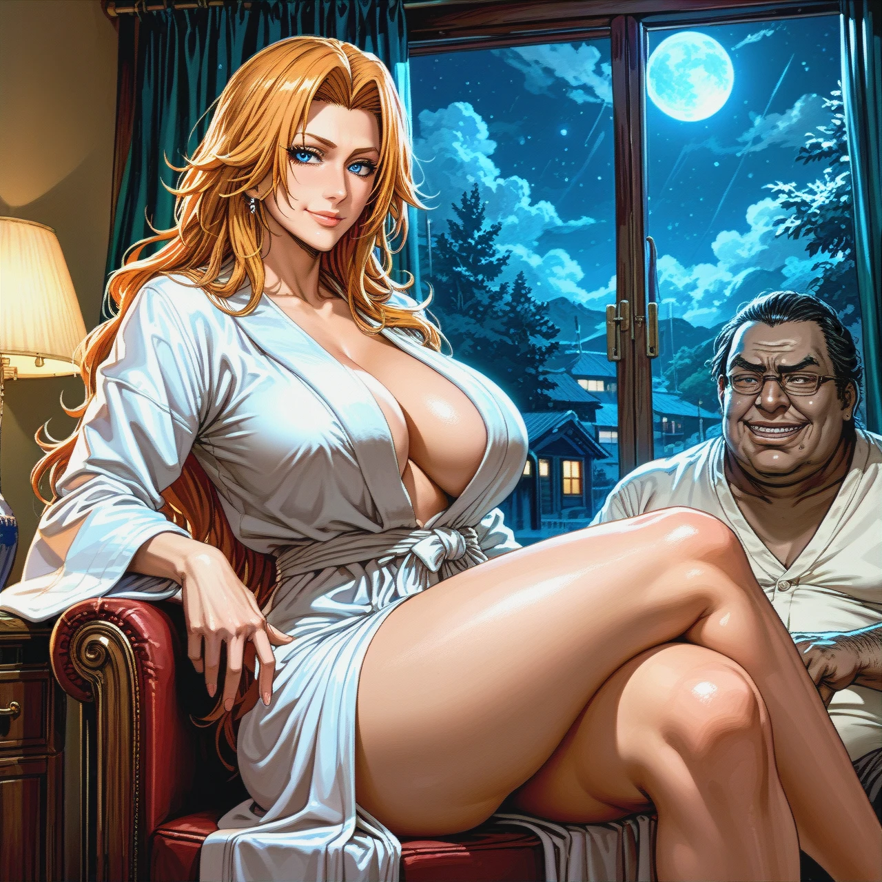 @matsumoto_rangiku , (huge_breasts)  , perfect body, big ass ,(light_smile) , (crossed_legs) , ugly face man, dark skinned man, old fat man , bathrobe , night, hotel