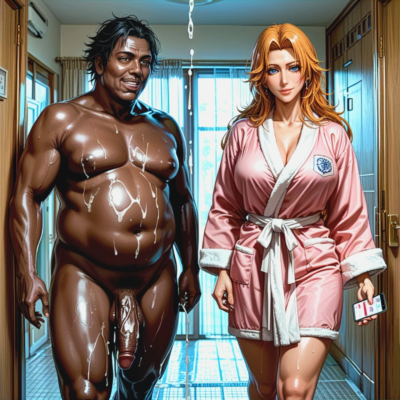 @matsumoto_rangiku , perfect body, big ass,(large_breasts) bathrobe, ugly fat man, big penis, dark skinned male ,  hotel , stan,  smile , after shower, (standing) , (hand_on_hip) , (walking) , catching the penis, (talking_on_phone)