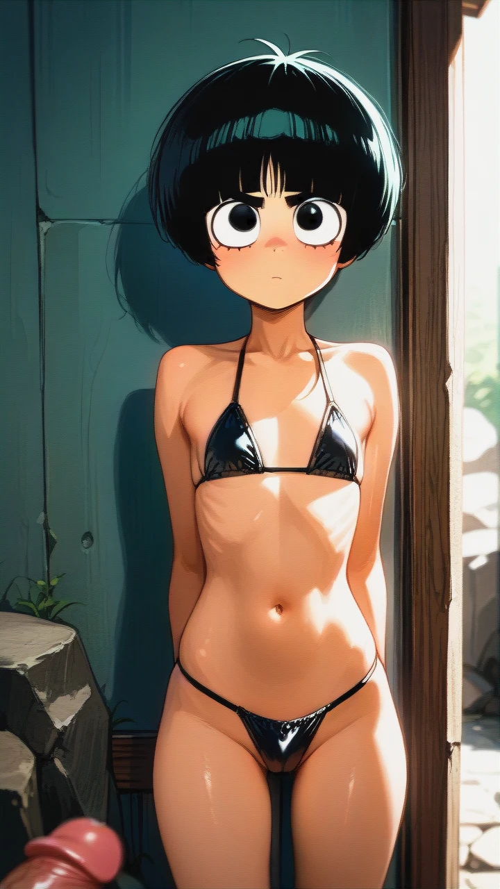 @rock_lee, gender boy, standing, facing the viewer, normal body, male body, bikini on a man's body, black eyes, penis in bikini panties, black bikini,