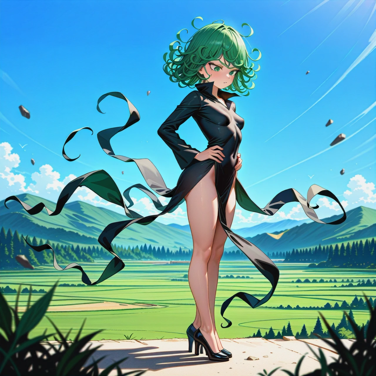 1girl, @tatsumaki, (perfect face), (beautiful green eyes), (very skinny), in black dress with long sleeve, in black heels, floating in the air, landscape is forest, side view, (full_body), day, hands on waist, looking down