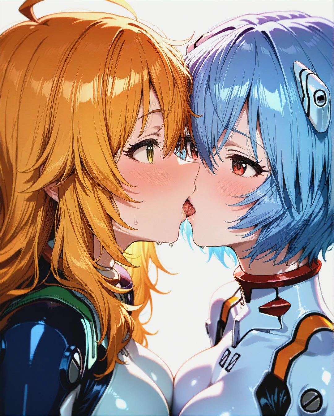 2 girls kiss, hoshii_miki (idolmaster) ,sui \(isekai ojisan\) ,  (ayanami rei, white plugsuit bodysuit), detailed suit,eye contact, detailed face,