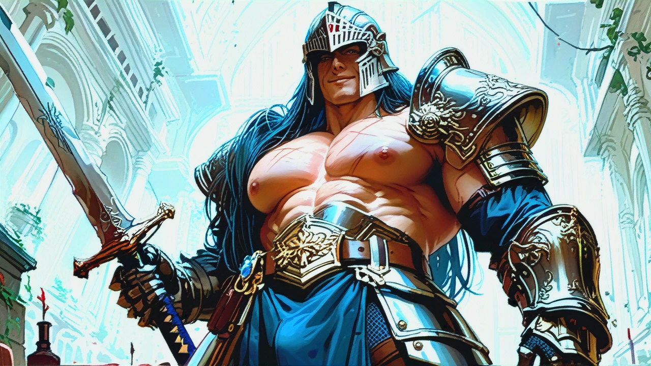 muscular body, scars over body, extremely long hair, malicious smile, extremely enormous tits, exposed nipples, exposed cock, erect cock, taker pov, armor shoulders, armor belt, armor gauntlets, helmet, sword holster