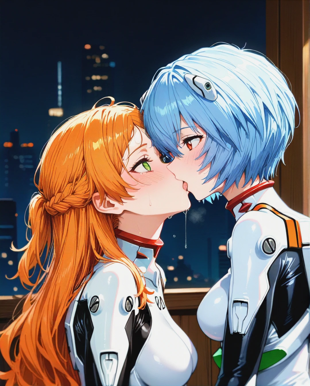 2 girls kiss, sui \(isekai ojisan\) ,  (ayanami rei, white plugsuit bodysuit), detailed suit,eye contact, detailed face,