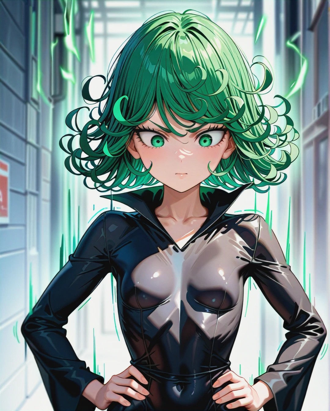 1girl, @tatsumaki, (perfect face: 1,2), (beautiful green eyes), (very skinny: 1,1), in black dress with long sleeve, floating in the air, (front view),(upper_body), motion lines, hands on waist, looking down