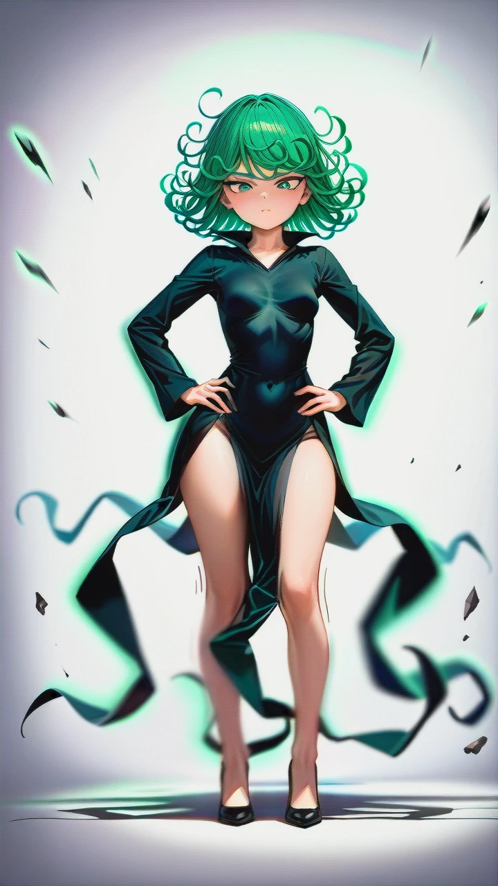 1girl, @tatsumaki, (perfect face: 1,2), (beautiful green eyes), (very skinny: 1,1), in black dress with long sleeve, in black heels, floating in the air, (front view), (full_body), motion lines, hands on waist, looking down