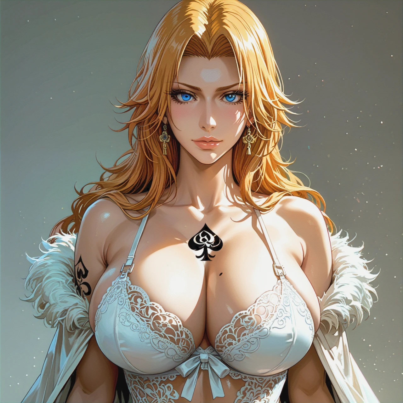 @matsumoto_rangiku , (huge_breasts),  lingerie ,  queen of spades tattoos