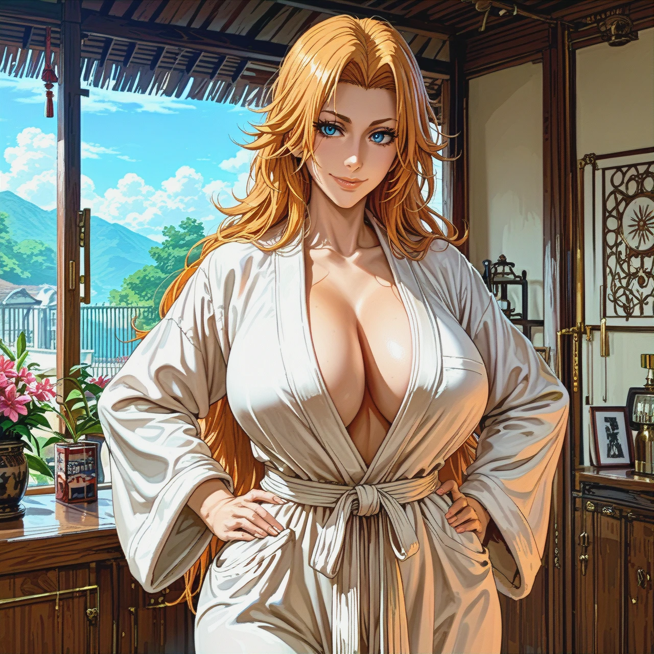 @matsumoto_rangiku , (huge_breasts)  , perfect body, big ass ,(light_smile),(hands_on_hips)  , bathrobe