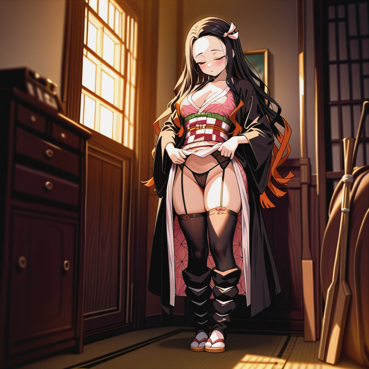 1girl,solo, a girl, kissing_neck, female_orgasm, knee-high_socks,cleavage_cutout,white-skin, costume,gold_stockings,screencap,panties_down,shoes, Robes,hand_on panties,micro_thong,@kamado_nezuko