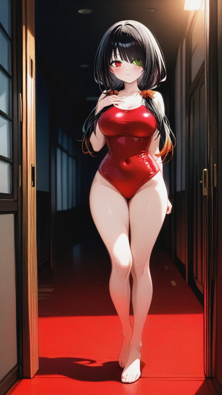 @tokisaki_kurumi, stands, full body, best quality, high quality, high detail, best lighting,  school red swimsuit, red shale,