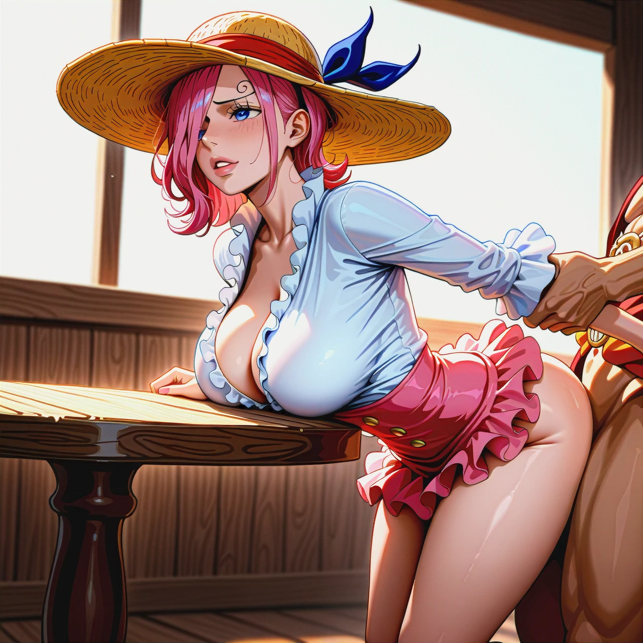 vinsmoke Reiju from one piece , white frilled dress shirt outfit  , full body , (table_humping) , sex , @monkey_d_luffy , luffy gives reiju straw hat ,  , (guided_breast_grab)