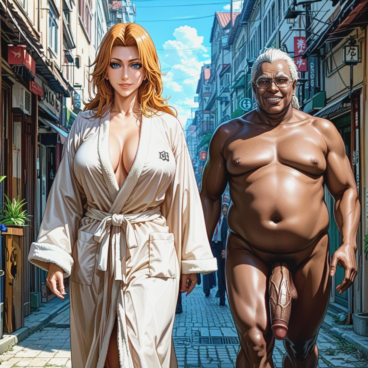 @matsumoto_rangiku , perfect body, big ass,(large_breasts) bathrobe, ugly fat man, big penis, dark skinned male ,  hotel , stan,  smile , , (walking) , handjob