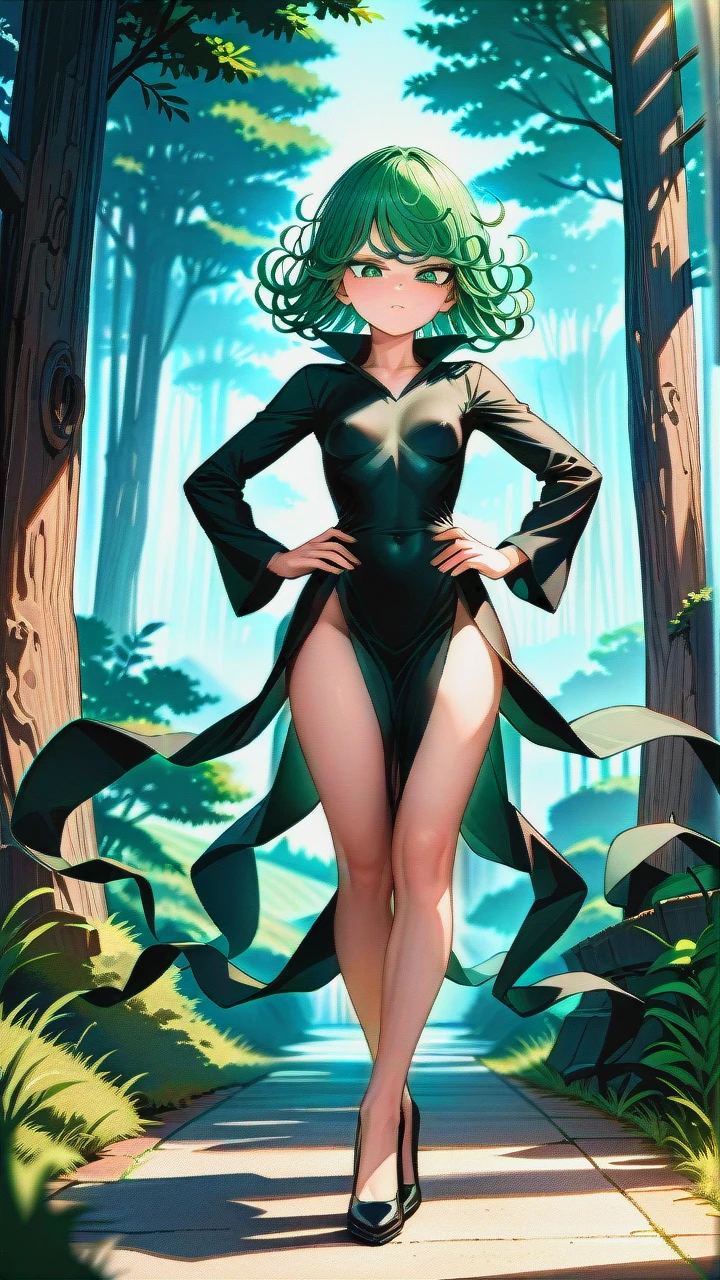 1girl, @tatsumaki, (perfect face), (beautiful green eyes), (very skinny: 1,1), in black dress with long sleeve, in black heels, floating in the air, landscape is forest, (front view), (full_body), motion lines, day, hands on waist, looking down