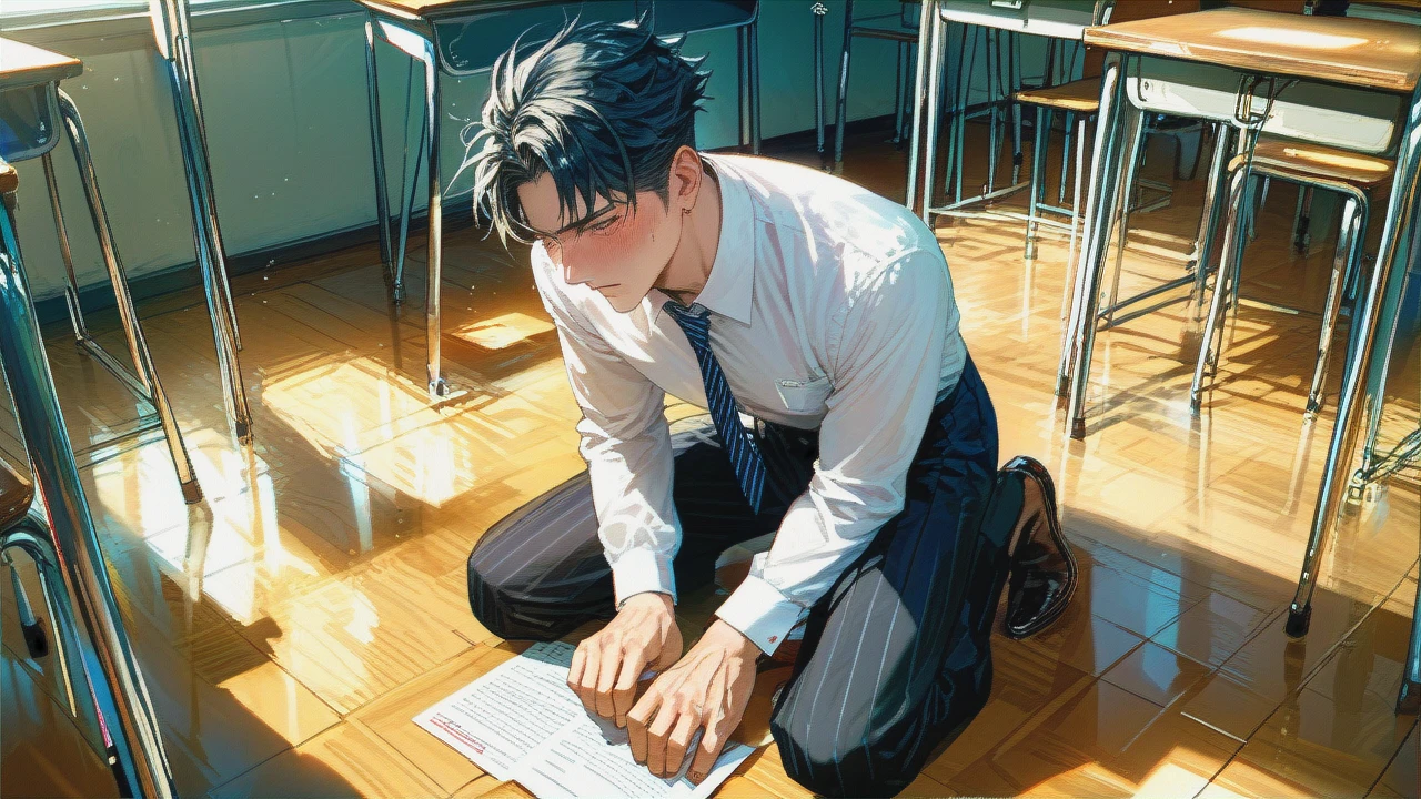 cut young boy, blushing, kneeling on ground, in classroom