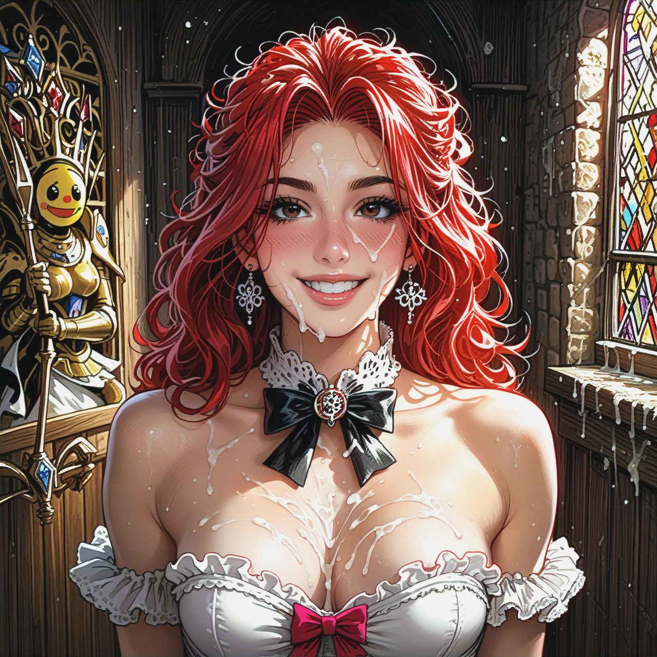 Detailed,comics,red hair latina,smiling,castle closet,peach-colored strapless dress,bow-tie in hair,(blush) (smiley) messy Hair,(cum_on_breasts) (bukkake) (wariza) tanner,(medium_breasts)