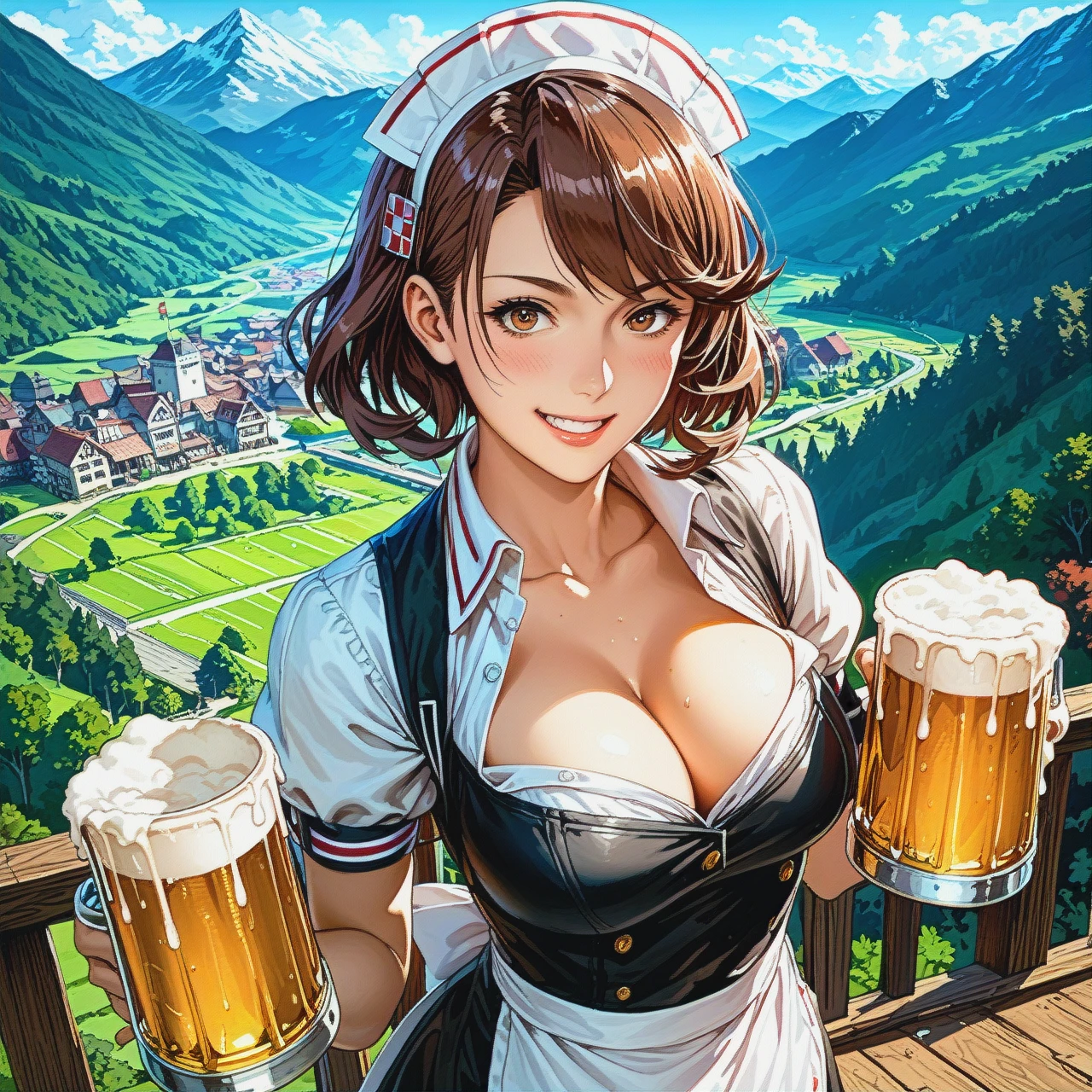 @arashio, naughty smile, Austrian waitress costume, standing, carrying a tray with beer mugs, cleavage, mountain bar, aerial view